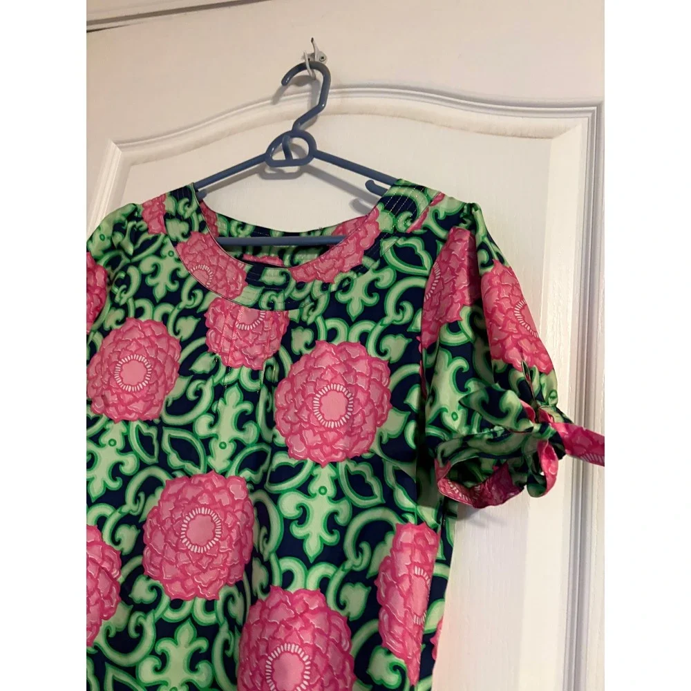 Lilly Pulitzer Silk Shift Dress Pink Green‎ Floral Scroll Tie Sleeve Size 8 - Picture 3 of 6